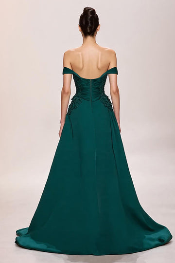 Green Satin A Line Long Formal Dress with Appliques